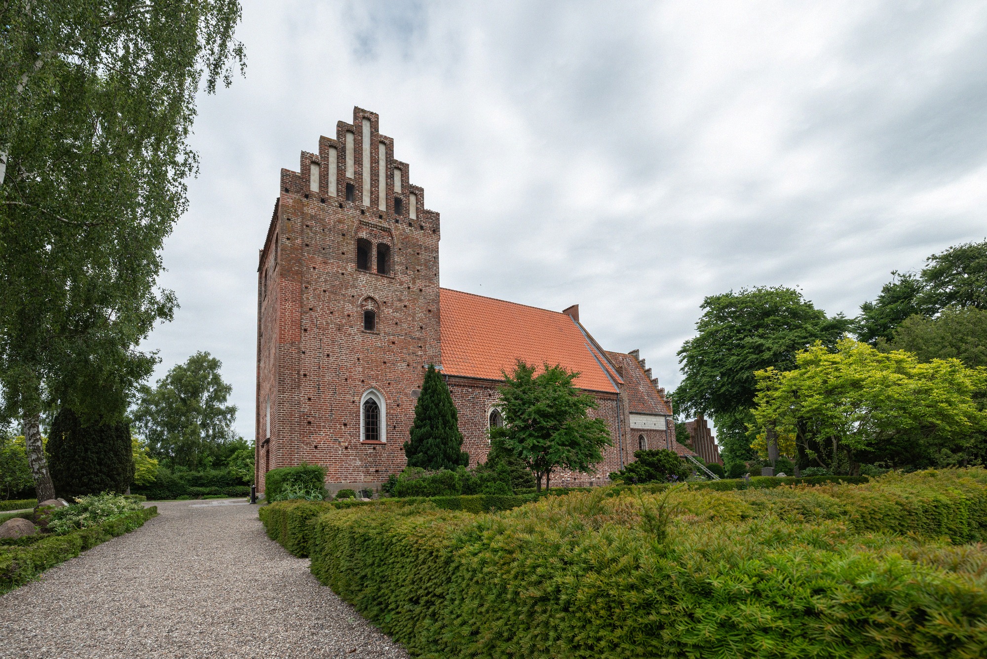 Keldby Kirke, a distinctive red-brick church with a Gothic chancel on Møn.